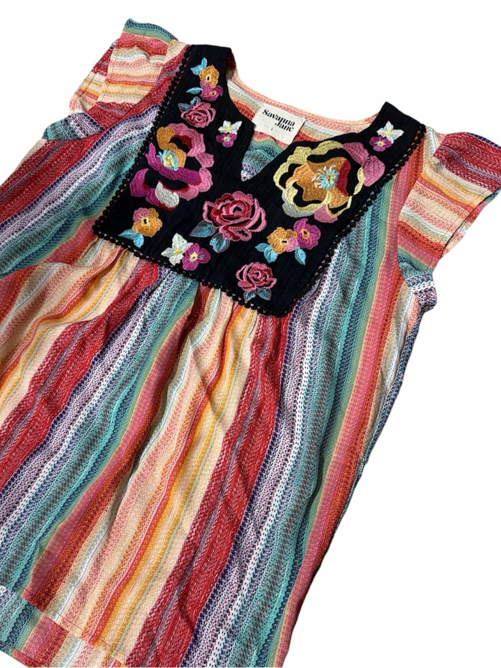 SAVANNA JANE Multi-Color Striped Embroidered Flutter Sleeve Blouse